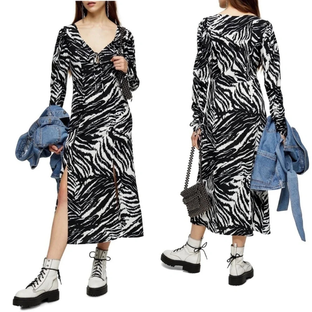New Topshop Animal Print Ruched Long Sleeve MIDI dress zebra v-neck retro safari